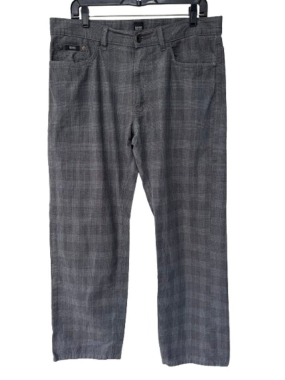 Boss Hugo Boss straight plaid cotton pants black, grey men's size 36